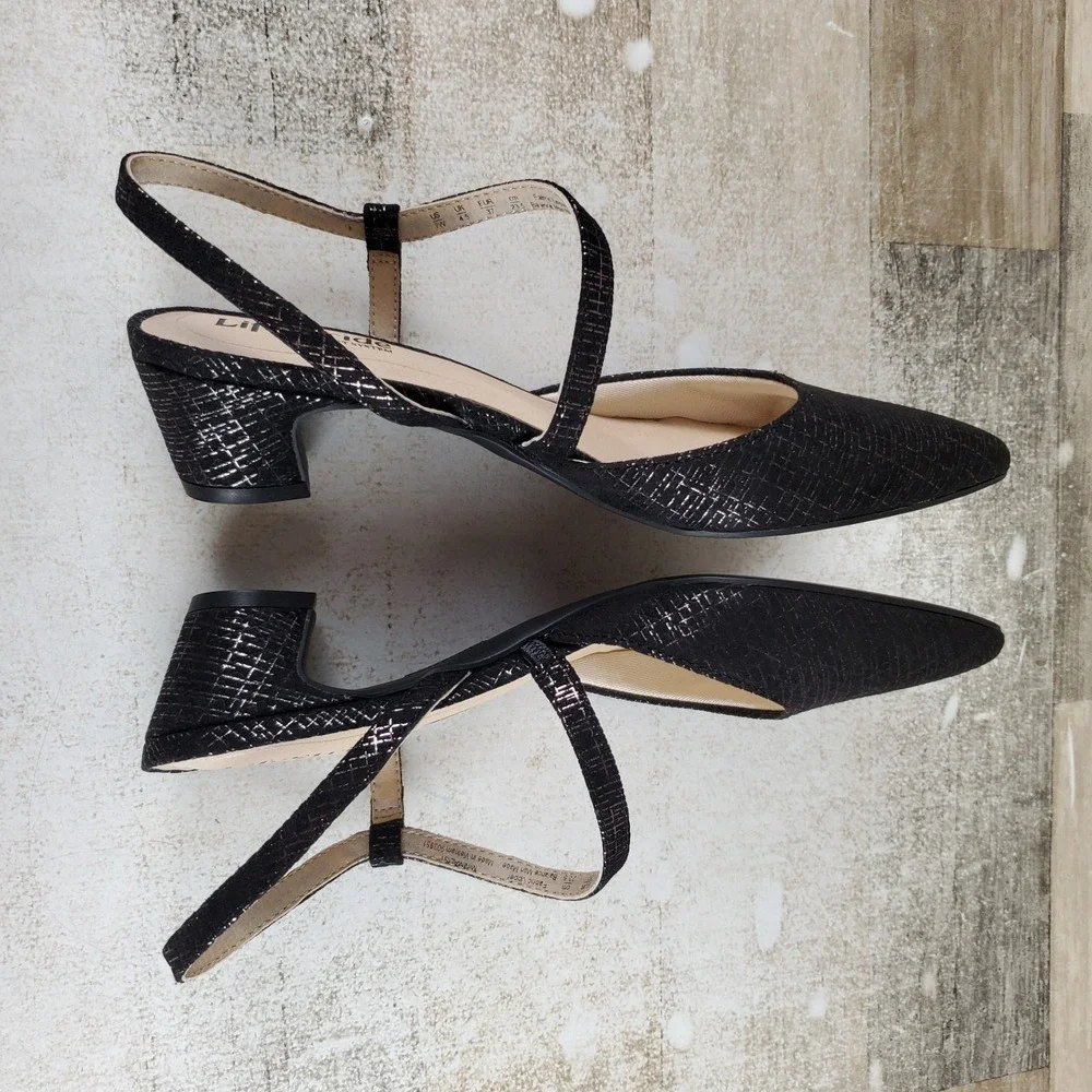 LifeStride Minimalist Womens Pumps Sz 7 W Black Shimmer Pointed Toe Block Heel